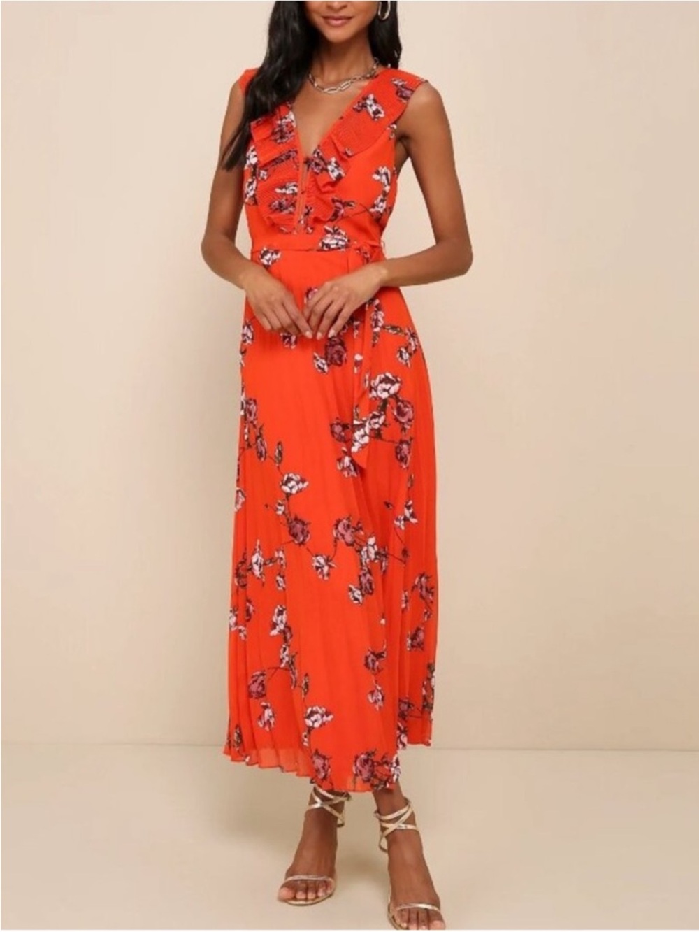 Lulus Red Orange Floral Pleated Chiffon Maxi Dress Open Back Size M - Picture 2 of 13